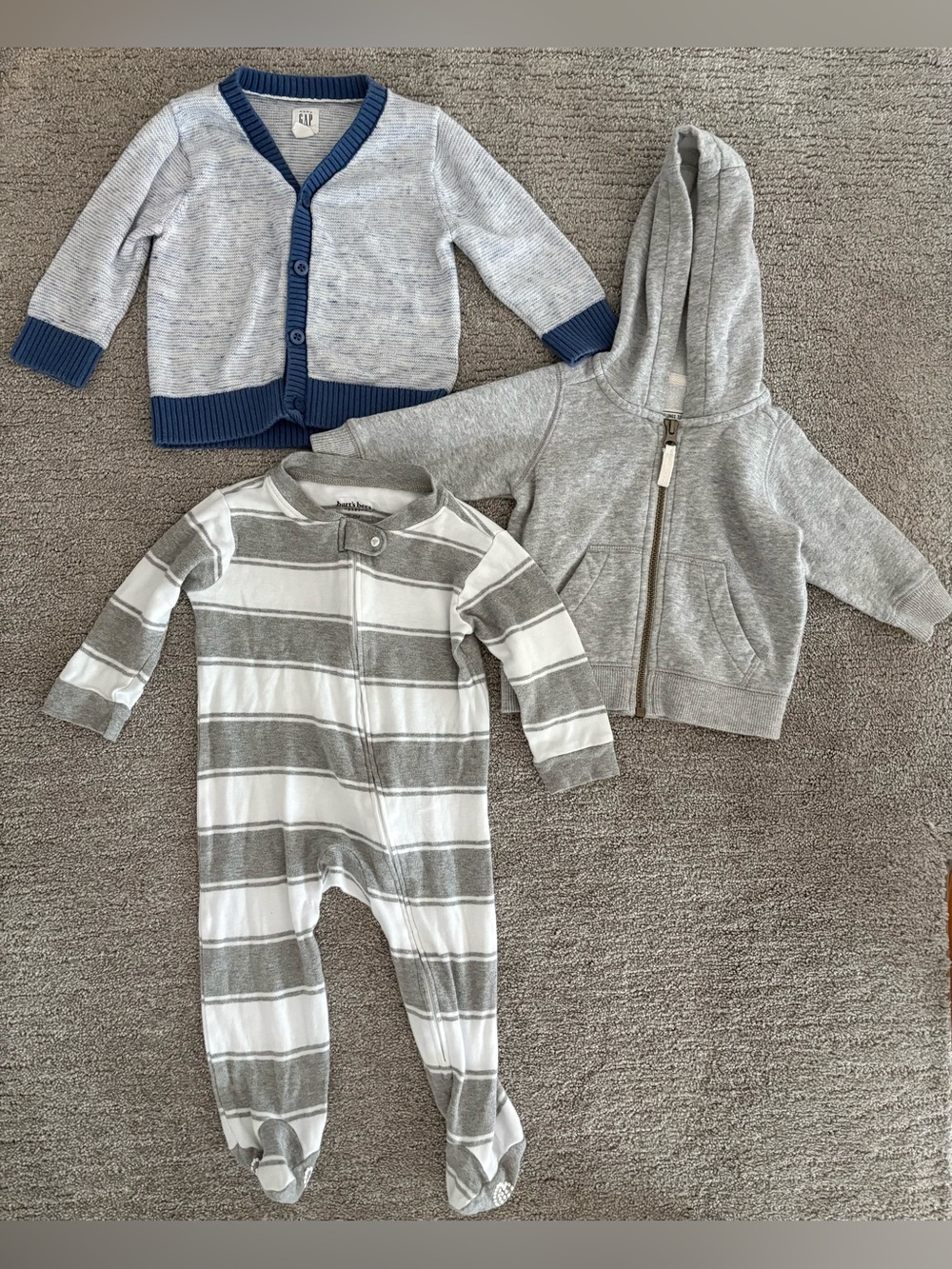 GAP Baby Sweater Cardigan, Carter’s Gray Zip Hoodie and Burt’s Bee Footie